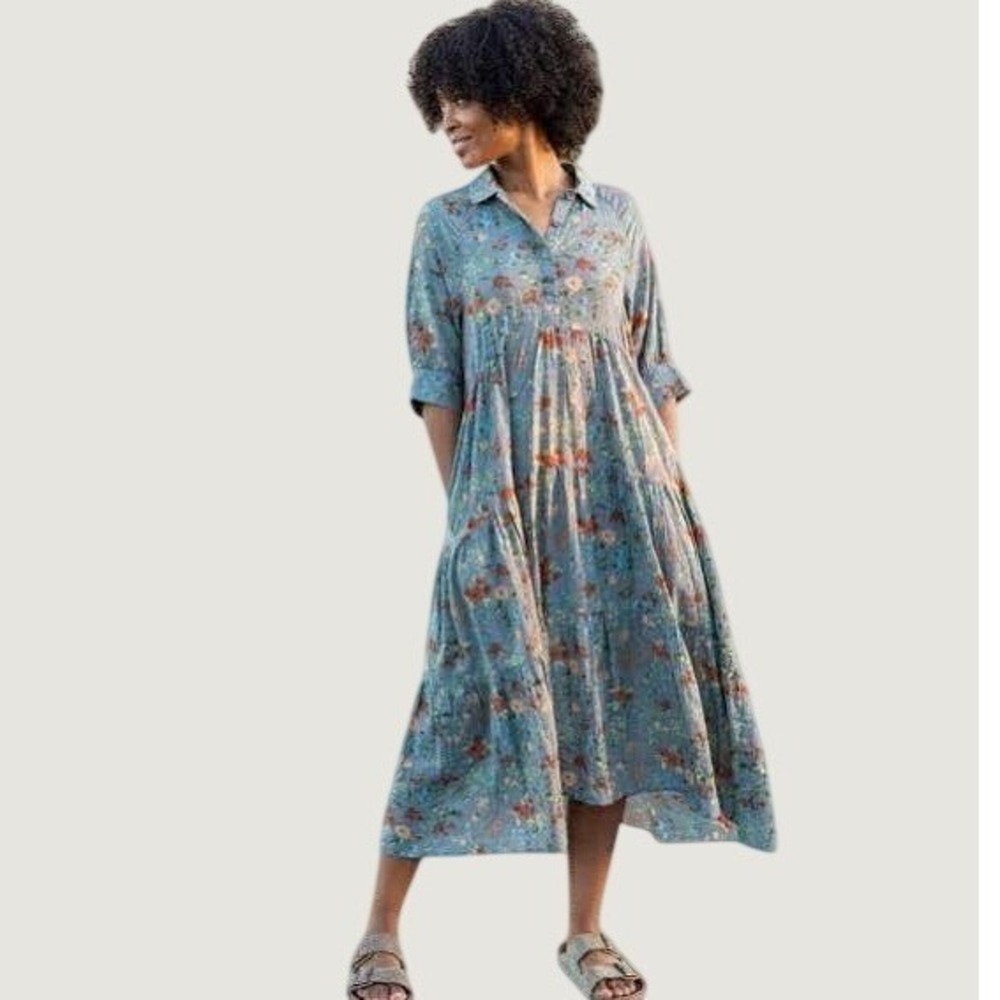 Natural Life Rebecca Floral Tiered Midi Dress Grey Orange Boho XL